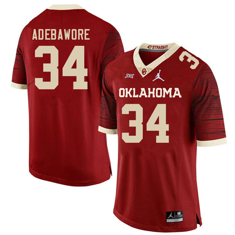 Men #34 Adepoju Adebawore Oklahoma Sooners College Football Jerseys Stitched-Retro